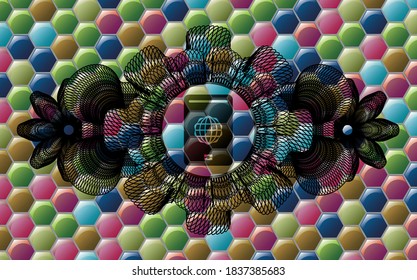 Currency decoration passport icon inside Colorful multicolored realistic emblem. Hexagon chic background. Artistic illustration. 