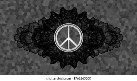 Currency decoration peace icon inside grey stone wall emblem. Rock graceful background. Intense illustration. 