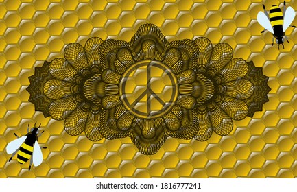 Currency decoration peace icon inside honey realistic badge. beekeeping exquisite background. Intense illustration. 