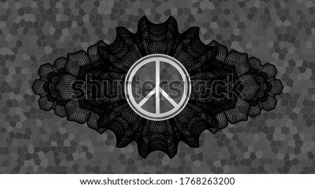 Currency decoration peace icon inside grey stone wall emblem. Rock graceful background. Intense illustration. 