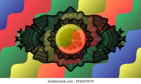 Currency decoration pie icon inside Colorful candy multicolored realistic emblem. Curvy classic background. Intense illustration. 