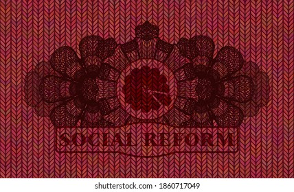 Currency decoration pie icon and social reform text Red wool realistic badge. Cloth classic background. Illustration. 