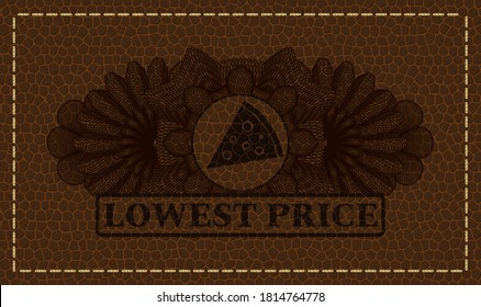 Currency decoration pizza slice icon and lowest price text leather badge. Wallet classic background. Vector illustration. 