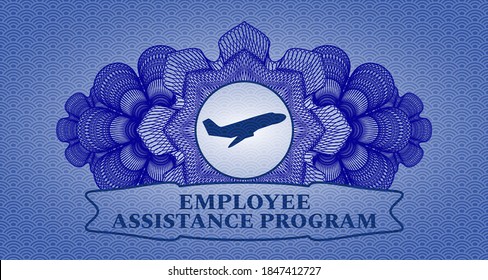 Currency Decoration Plane Taking Off Icon And Employee Assistance Program Text Blue Color Japan Style Pattern Realistic Emblem. Geometric Fancy Background. Artistic Illustration. 