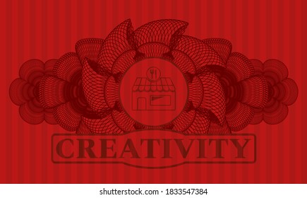 Icono del restaurante de decoración de moneda y emblema de color rojo del texto de Creatividad. Bares de delicado fondo. Ilustración intensa. 