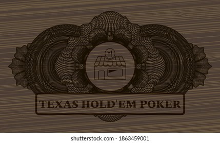 Currency decoration restaurant icon and Texas Hold'em Poker text wooden badge. Brown fashionable background. Illustration. 