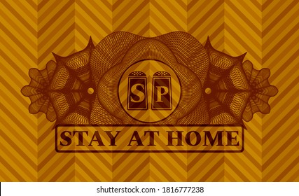 Currency decoration salt and pepper icon and Stay at home text abstract orange color realistic emblem. Geometric exquisite background. Artistic illustration. 
