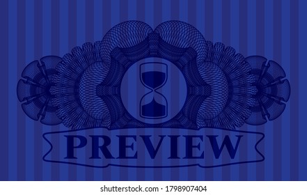 Currency decoration sand clock icon and preview text Blue badge. Bars delicate background. Vector illustration. 