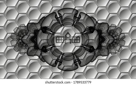 Currency decoration school icon inside grey color hexagon pattern realistic emblem. Trendy exquisite background. Artistic illustration. 