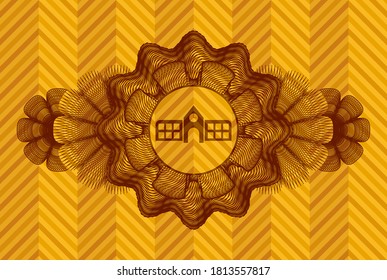 Icono de escuela de decoración de moneda dentro de una insignia de color naranja abstracto realista. Fondo geométrico delicado. Ilustración vectorial. 