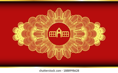 Currency decoration school icon inside Red color and Gold realistic badge. Traditional luxurious background. Artistic illustration. 