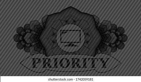 Currency Dekorations-Bildschirm Symbol und Priorität Text Kohlefaser realistischen Abzeichen. Polymer Textur klassischer Hintergrund. Illustration. 