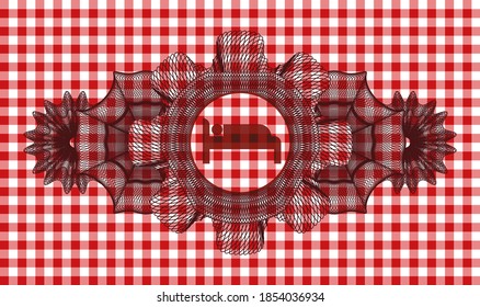 Currency decoration sleeping icon inside red checkered tablecloth realistic badge. Restaurant fancy background. Vector illustration. 