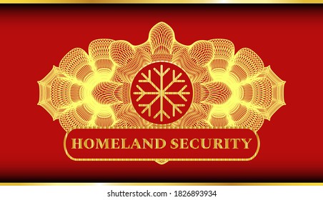 Currency Decoration Snowflake Icon And Homeland Security Text Gold And Red Color Realistic Emblem. Traditional Exquisite Background. Illustration. 