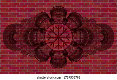 Currency decoration Snowflake icon inside brick stone wall badge. Tiles handsome background. Intense illustration. 