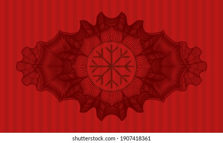 Currency decoration Snowflake icon inside red color emblem. Bars fancy background. Illustration. 