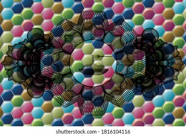 Decoración de moneda icono espagueti dentro de la insignia multicolor colorida. Un fondo de lujo hexagonal. Ilustración. 