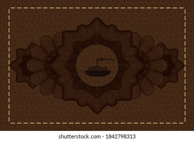 Decoración de moneda icono espagueti dentro de la insignia de cuero marrón. Cartera delicada de fondo. Ilustración. 