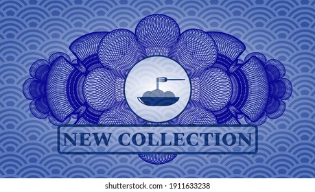 Currency decoration spaghetti icon and New collection text blue japanese realistic badge. Geometric luxurious background. Artistic illustration. 