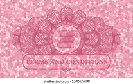 Decoración de moneda pila de libros icono y Términos y condiciones texto mosaico mosaico de mosaico de mosaico rosa símbolo realista. Exquisito fondo de hexágono geométrico. Ilustración artística. 