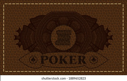 Currency decoration stack of books icon and Poker text brown leather badge. Wallet chic background. Vector illustration. 