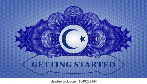 Currency decoration Star and crescent icon and Getting Started text blue japan style pattern realistic badge. Geometric graceful background. Intense illustration. 
