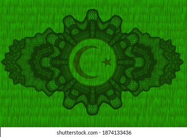 Currency decoration Star and crescent icon inside grass sod emblem. Eco fashionable background. Intense illustration. 