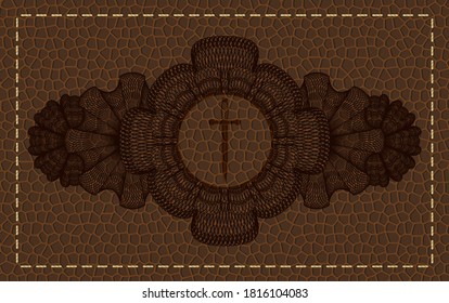 Currency decoration Sword icon inside brown leather realistic emblem. Wallet graceful background. Intense illustration. 