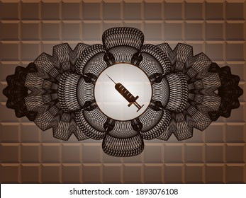 Currency decoration Syringe icon inside chocolate bar realistic emblem. Brown fashionable background. Intense illustration. 