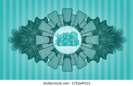 Currency decoration taco icon inside Turquoise color emblem. Bars fancy background. Vector illustration. 