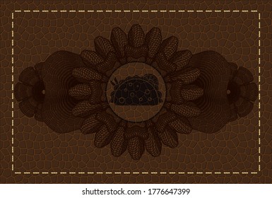 Currency decoration taco icon inside brown leather realistic emblem. Wallet delicate background. Vector illustration. 