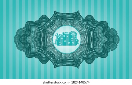 Currency decoration taco icon inside Turquoise realistic badge. Bars delicate background. Intense illustration. 