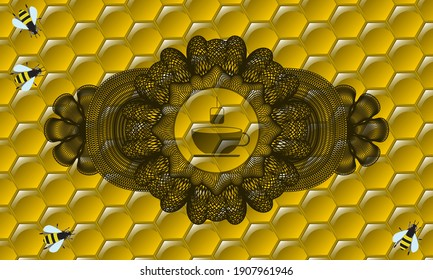 Currency decoration tea icon inside sweet honey badge. beekeeping chic background. Vector illustration. 