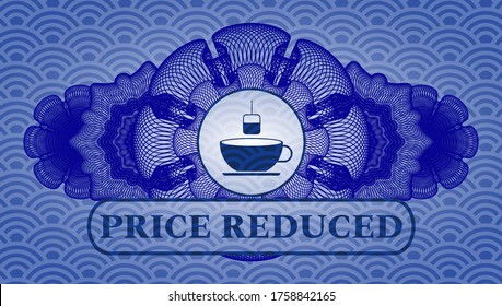 Currency decoration tea icon and Price Reduced text blue color japan pattern realistic emblem. Geometric fancy background. Artistic illustration. 