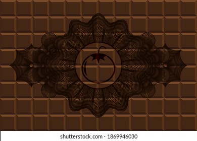 Decoración de moneda Icono de tomate dentro del emblema de la barra de chocolate. Antecedentes marrones de moda. Ilustración intensa. 
