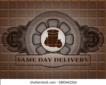 Currency decoration trash icon and Same day delivery text chocolate realistic badge. Brown graceful background. Intense illustration. 
