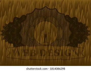 Currency decoration with tree icon and Web design text realistic emblem. Luxurious animal fur background. Vector illustration. 