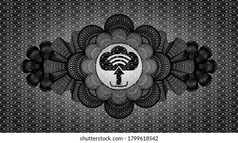 Currency decoration upload icon inside black abstract realistic badge. Pattern fancy background. Intense illustration. 