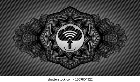 Currency decoration upload icon inside carbon fiber emblem. Polymer texture luxurious background. Intense illustration. 