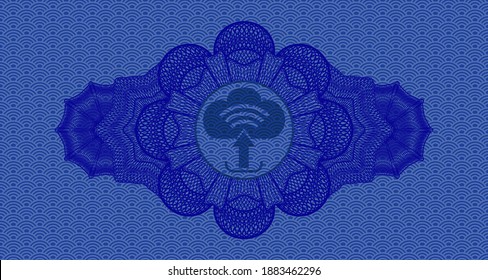Currency decoration upload icon inside blue color japanese pattern realistic emblem. Geometric luxurious background. Vector illustration. 