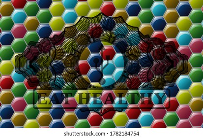 Currency decoration USB icon and Eat healthy text Colorful multicolored emblem.Hexagon fancy background. Illustration. 