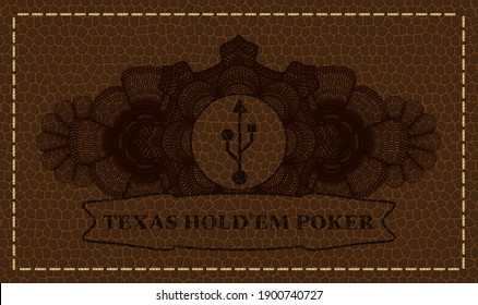 Currency decoration USB icon and Texas Hold'em Poker text leather emblem. Wallet graceful background. Artistic illustration. 