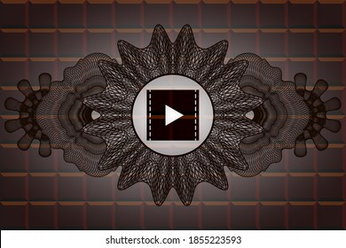 Currency decoration video icon inside chocolate bar emblem. Brown handsome background. Artistic illustration. 