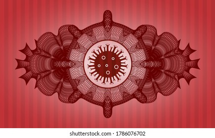 Currency decoration Virus icon inside red color realistic badge. Bars exquisite background. Illustration. 