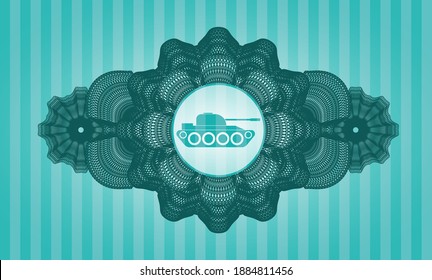Currency decoration war tank icon inside Turquoise realistic badge. Bars classic background. Vector illustration. 