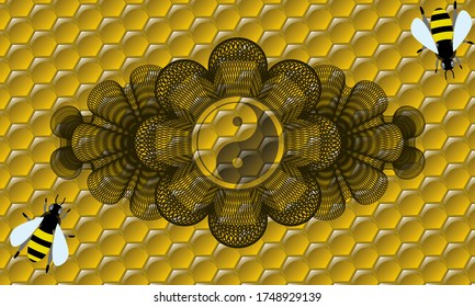 Currency decoration Yin yang icon inside honey bees realistic badge. beekeeping delicate background. Illustration. 