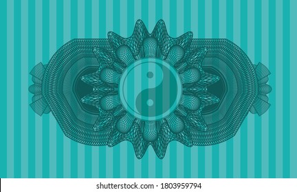 Currency decoration Yin yang icon inside Turquoise emblem. Bars chic background. Illustration. 