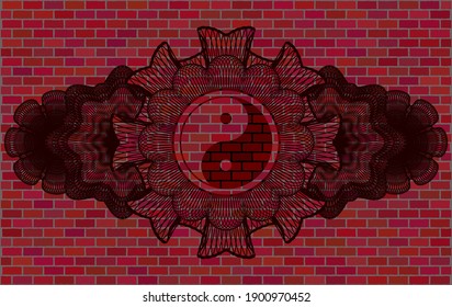 Currency decoration Yin yang icon inside brick stone wall badge. Tiles fancy background. Illustration. 