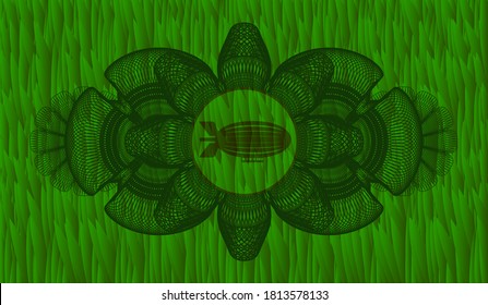 Currency decoration zeppelin icon inside grass pasture realistic emblem. Eco delicate background. Intense illustration. 