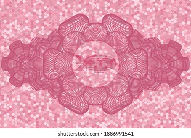 Currency decoration zeppelin icon inside pink color tiles mosaic pattern realistic badge. Geometric hexagon graceful background. Artistic illustration. 
